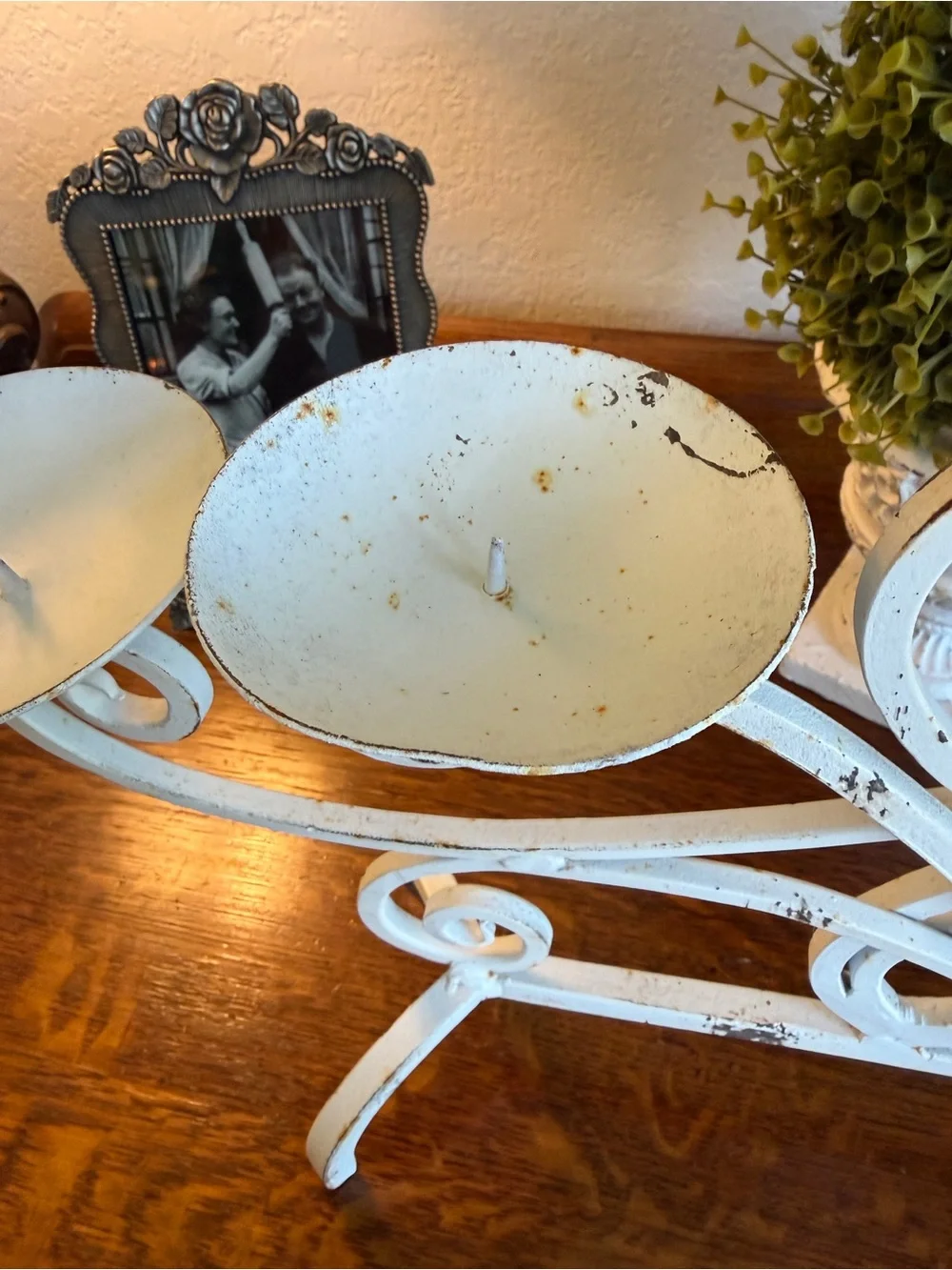 Vintage Cast Iron White Farmhouse 5-Arm Candle Holder with Genuine Patina